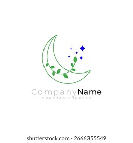 Plantilla del logotipo de la luna y de la hoja con estilo de línea en color verde y azul