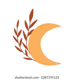 Moon with leaves in boho style. Vector illustration. Month with branches isolated on white background. Flat style.