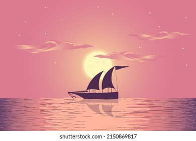 Moon light and Boat in the sea Drawing Background.