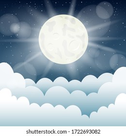 Moon light and cartoon clouds. Night moonlight cloud template mockup. Beautiful starry sky background