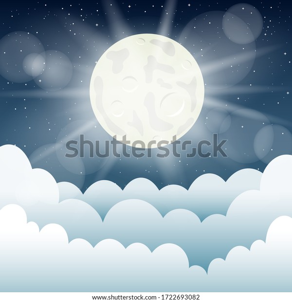 Moon light and cartoon\
clouds. Night moonlight cloud template mockup. Beautiful starry sky\
background