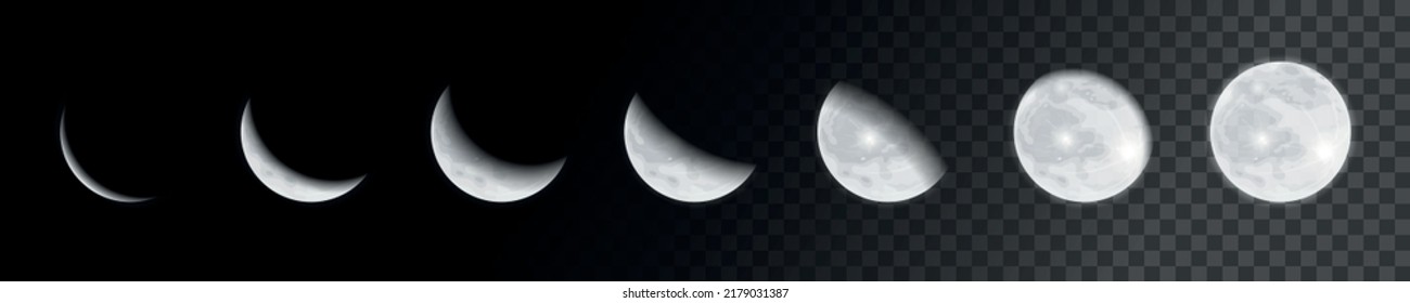 Moon light. Crescent phases. Transparent lunar moonlight. Thin sky eclipse. Astronomy science. Space satellite cycle. Night elements set. Astrology calendar. Vector realistic illustration