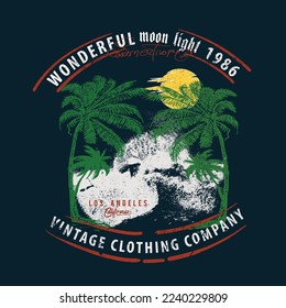 Moon light vintage summer graphics for long beach, Tropical sunset. Surf and beach. Vintage beach print. Tee graphic design