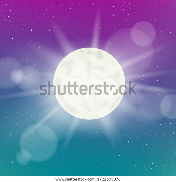 Moon lights and night starry sky
backdrop. Beautiful cartoon moonlight with lens
flare