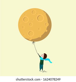 The moon is like a balloon in the sky, and the little boy holds the moon by the thread. 