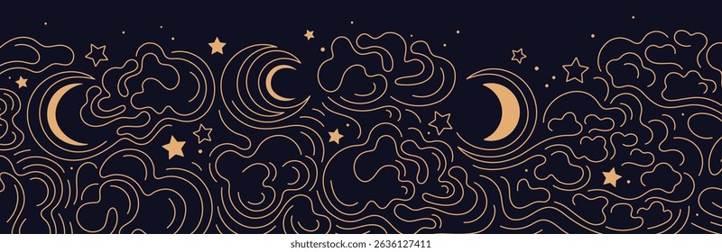 Moon, line clouds, night sky, golden stars. Mystic tarot backdrop. Graphic vector celestial banner for design packaging, astrology. Editable contour