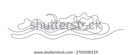 Moon, line of sea, cloudy weather, wind. Continuous graphic vector sign. Cumulus clouds, calm night. Minimal symbol. Simple illustration. Editable stroke
