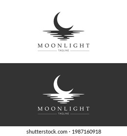 Moon logo design. Crescent above the water. Half moon over the sea. Vector illustration.