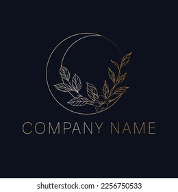 Moon logo design. Crescent and flower with leaves logotype.
