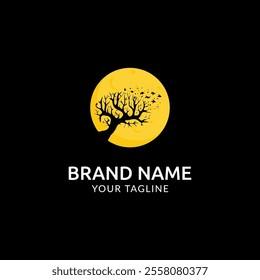 Moon logo. Full moon logo, mysterious, night, dark with dead tree vector illustration