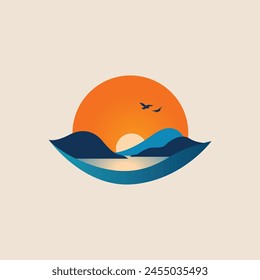moon logo, hills travel mountain lake adventure badge