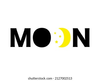 Moon Logo Symbol Text einzeln Vektorgrafik. Handgeschriebenes Markenkonzept für Moon Star-Buchstaben. Schwarz-gelbe Crescent Typografie erste grafische Design-Element. Ramadan-Kareem-Schildkröte-Vorlage