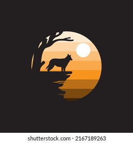 moon logo illustration with howling wolf with Sunset design vector