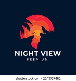  moon logo illustration with wolf howl with design Inspiration Sunset Outdoor design vector