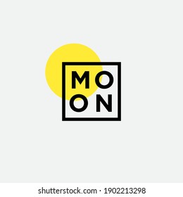 Moon logo. Letters into square frame and yellow circle as moon. Logo for business, beauty, spa and resort, cosmetics, clothes, premium goods.