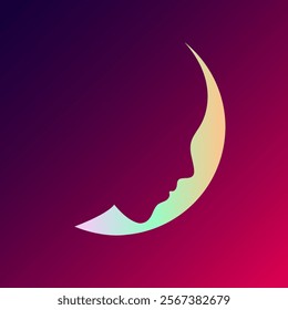 Moon logo and portrait icon isolated on dark background. Spiritual, abstract concept, character illustration. Shiny light on night sky. Elegant design for beauty and spa brand.