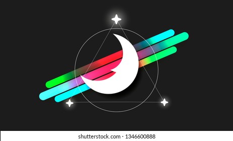 Moon Logo In The Style Of The Line Art On A Dark Background. 