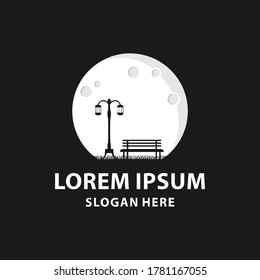 logotipo lunar y vista del asiento del banco al lado de las luces.