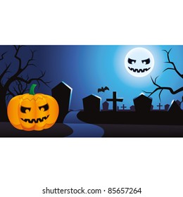 The moon looks at a pumpkin and smiling at the cemetery on Halloween night