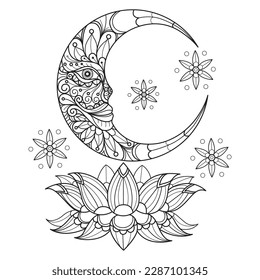 The moon and lotus hand drawn for adult coloring book