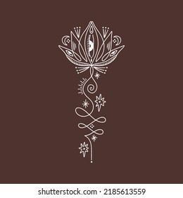 Moon lotus unamole Samadhi Sacred Geometry. Hindu and Buddhist symbol. Good for tattoo, yoga logo, boho print, poster, t-shirt and more. Buddhism brush ink hand drawn clipart design. Isolated black