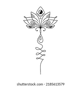 Moon lotus unamole Samadhi Sacred Geometry. Hindu and Buddhist symbol. Good for tattoo, yoga logo, boho print, poster, t-shirt and more. Buddhism brush ink hand drawn clipart design. Isolated black