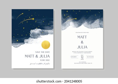 Moon lover wedding invitation. Cards. Save the date. Galaxy background. Celestial. Dark theme for wedding story.