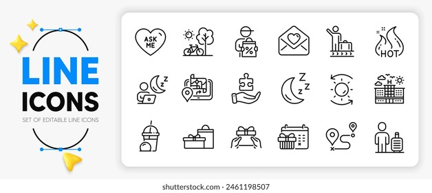 Moon, Luggage belt and Gps line icons set for app include Ice cream milkshake, Give present, Gifts outline thin icon. Baggage, Hot sale, Delivery discount pictogram icon. Bicycle. Vector