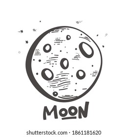 Moon and lunar craters. Doodle style. Moon logo design. Creative logo. Night emblem. Full moon. Silhouette monochrome icon of the moon. Vector illustration isolated on white background.