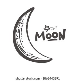 Moon and lunar craters. Doodle style. Moon logo design. Creative logo. Night emblem. Silhouette monochrome icon of the moon. Vector illustration isolated on white background.