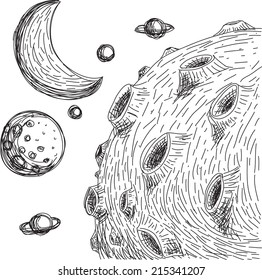 Moon and lunar craters. Doodle style ,vector