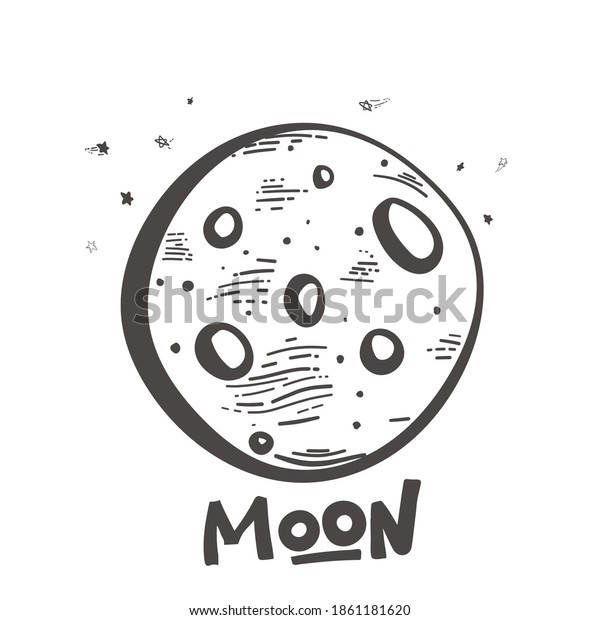 Moon\
and lunar craters. Doodle style. Moon logo design. Creative logo.\
Night emblem. Full moon. Silhouette monochrome icon of the moon.\
Vector illustration isolated on white\
background.