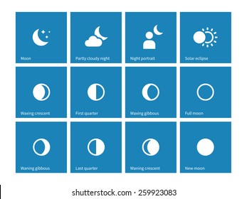 Moon lunar cycle icons on blue background. Vector illustration.