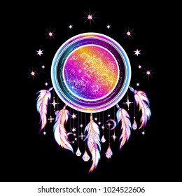 The moon, the lunar cycle, the star or planet. Dream hunters. Constellation. Tattoo, a universal symbol, an amulet. Boho style. Bohemia, Bohemian. Poster, print. Cosmos. Magic. Vector illustration. 