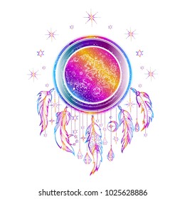 The moon, the lunar cycle, the star or planet. Dream hunters. Constellation. Tattoo, a universal symbol, an amulet. Boho style. Bohemia, Bohemian. Poster, print. Cosmos. Magic. Vector illustration. 