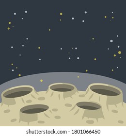 Luna. Superficie lunar con cráteres y polvo. La ciencia y el paisaje extraterrestre. Estrellas y vuelo espacial. Planeta espacial orbitando la tierra. Ilustración de dibujos animados planos