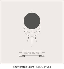 Moon magic. Abstract Boho Moon or star. Thin line style. Minimalistic outline Icon. Logo template. Trendy Vector illustration. Astrology, esoteric, alchemy concept. Icon is isolated on gray background