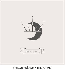 Moon magic. Abstract Boho Moon or star. Thin line style. Minimalistic outline Icon. Logo template. Trendy Vector illustration. Astrology, esoteric, alchemy concept. Icon is isolated on gray background