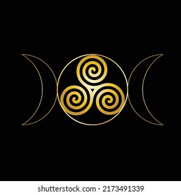 Moon magic, Celtic Knot, Holy Trinity, Triple moon pagan Wicca moon goddess symbol. Three-faced Goddess, Maiden, Mother, Crone vector illustration. Alchemy and magic gold symbol over black background.