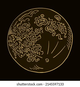 Moon magic fantasy illustration. Earth's only permanent natural satellite. Line hand drawn astrology, horoscope, spirituality style illustration on dark background. 