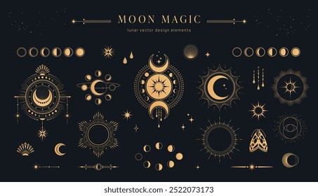 magia da lua: conjunto ou coleção de elementos de design lunar ou celeste com fases da lua, raios de explosão de luz da lua, formas de estrela, quadros e elementos abstratos para impressões místicas, padrões ou fundos