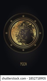 Moon magic. Triple moon pagan Wicca moon goddess symbol. Three-faced Goddess: Maiden – Mother – Crone vector illustration.  Tattoo, astrology, alchemy, boho and magic symbol golden over black.