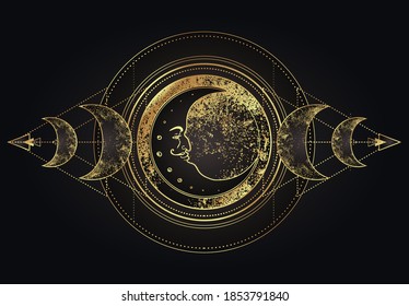 Magia lunar. Triple luna, símbolo pagano de la diosa de la luna Wicca. Diosa de tres caras: Maiden - Madre - Ilustración vectorial Crona.  Tatuaje, astrología, alquimia, boho y símbolo mágico dorado sobre negro.