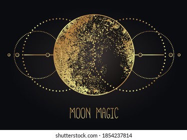 Moon magic. Triple moon pagan Wicca moon goddess symbol. Three-faced Goddess: Maiden – Mother – Crone vector illustration.  Tattoo, astrology, alchemy, boho and magic symbol golden over black.