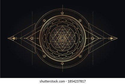 Moon magic. Triple moon pagan Wicca moon goddess symbol. Three-faced Goddess: Maiden – Mother – Crone vector illustration.  Tattoo, astrology, alchemy, boho and magic symbol golden over black.