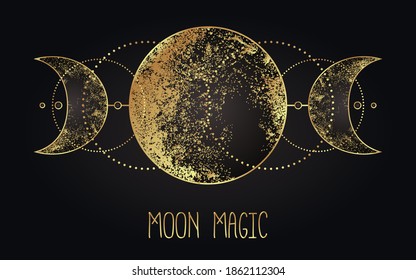 Moon magic. Triple moon pagan Wicca moon goddess symbol. Three-faced Goddess: Maiden – Mother – Crone vector illustration.  Tattoo, astrology, alchemy, boho and magic symbol golden over black. svg