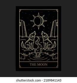 La luna. Importante tarjeta Arcana dorada tarot de lujo en ilustración vectorial en grabado, dibujado a mano, lujo, esotérico, apto para espiritualista, religioso, paranormal, lector de tarot, astrólogo o tatuaje