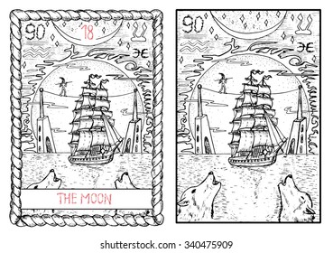 The moon.  The major arcana tarot card, vintage hand drawn engraved illustration with mystic symbols. Old sailing ship, equilibrist, towers and two wolves crawling at the huge moon. 