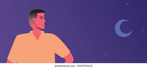 Moon and man with insomnia and mental problems at night, copy space template. flat vector stock illustration