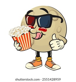 Moon mascot character illustration a bucket of popcorn with wearing 3d glasses, cartoon mascot isolated, work of hand drawn